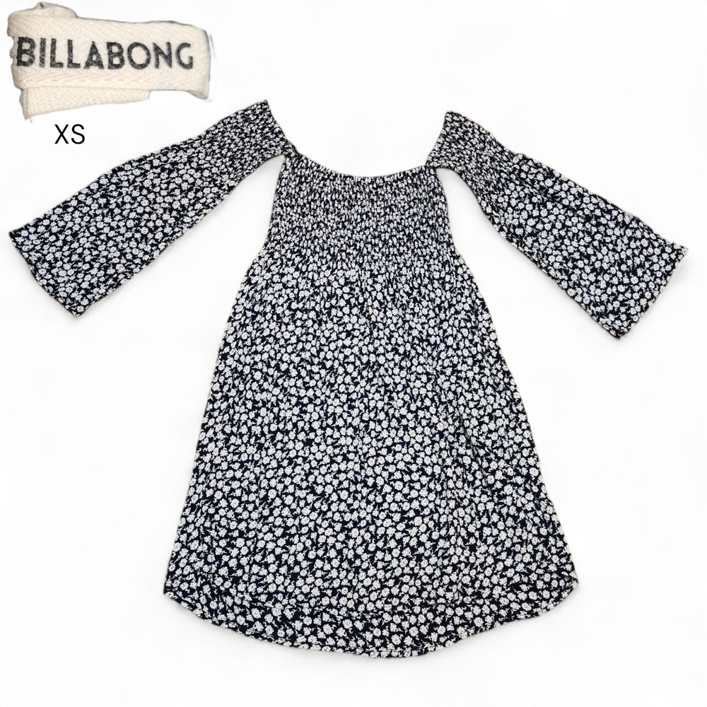 Billabong Night Fox Dress XS Black Floral Smocked Off Shoulder Mini Cottagecore